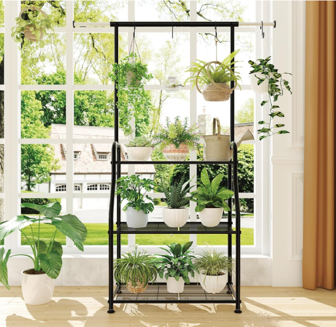 Plant Stand Indoor Outdoor, Heavy Duty Metal 3 Tiered Hanging Plant Shelf for Multiple Flower Planter Holder Tall Large Rack for Living Room Garden Balcony, Black
