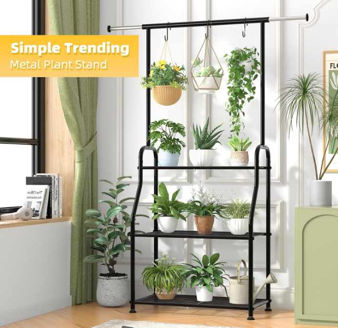 Plant Stand Indoor Outdoor, Heavy Duty Metal 3 Tiered Hanging Plant Shelf for Multiple Flower Planter Holder Tall Large Rack for Living Room Garden Balcony, Black