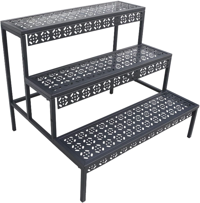 3 Tier Stair Style Large Metal Plant Stand, Garden Display Shelf Flower Pot Holder Storage Organizer Rack for Indoor Home Outdoor Patio Balcony Yard( Black, Rectangle)