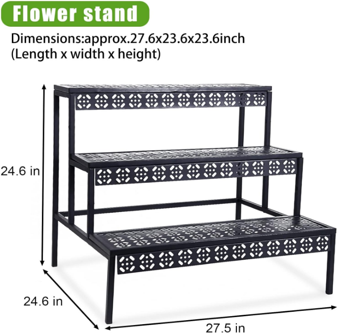 3 Tier Stair Style Large Metal Plant Stand, Garden Display Shelf Flower Pot Holder Storage Organizer Rack for Indoor Home Outdoor Patio Balcony Yard( Black, Rectangle)