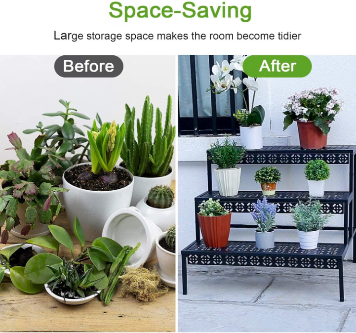 3 Tier Stair Style Large Metal Plant Stand, Garden Display Shelf Flower Pot Holder Storage Organizer Rack for Indoor Home Outdoor Patio Balcony Yard( Black, Rectangle)