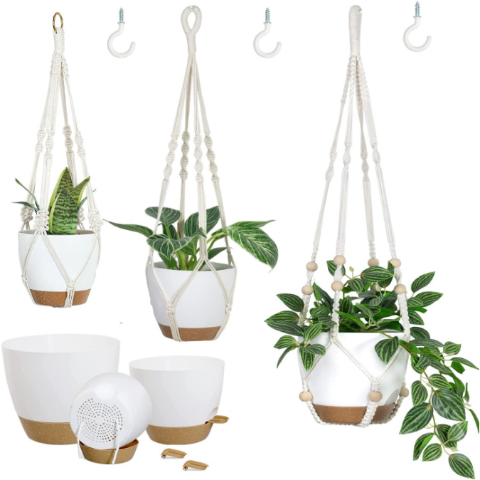 Planters with Macrame Plant Hangers for Indoor Outdoor Plants 3 Set Self Watering Pots Hanging Baskets Flower Pot Holders 3 Different Size