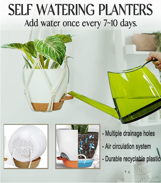 Planters with Macrame Plant Hangers for Indoor Outdoor Plants 3 Set Self Watering Pots Hanging Baskets Flower Pot Holders 3 Different Size