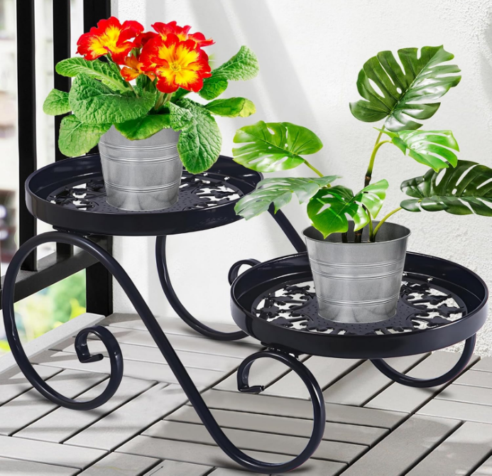 2 Tier Black Plant Stand, Metal Flower Stand Indoor Outdoor, Anti-Rust Iron Plant Shelf, Round Flower Pot Stands for Multiple Plants, Display Rack Potted Plant Holders for Garden Home Decor