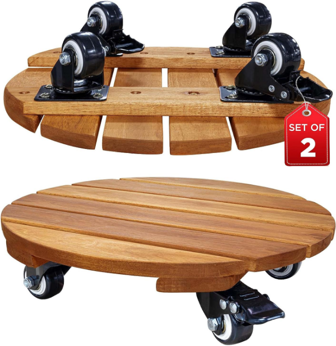 2-Pack 14 Inch Acacia Wood Rolling Round Plant Caddy for Plant Pots, Heavy Duty Plant Stand with 360° Lockable Wheels, 264 lbs Capacity Caddy for Indoor and Outdoor Use, Natural Wood