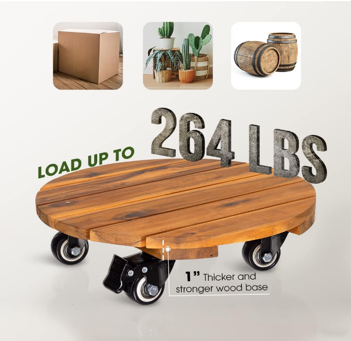2-Pack 14 Inch Acacia Wood Rolling Round Plant Caddy for Plant Pots, Heavy Duty Plant Stand with 360° Lockable Wheels, 264 lbs Capacity Caddy for Indoor and Outdoor Use, Natural Wood