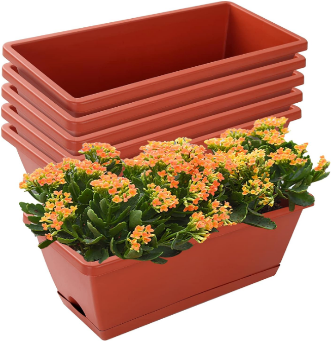 Window Box Planter, 7 Pack Plastic Vegetable Flower Planters Boxes 17 Inches Rectangular Flower Pots with Saucers for Indoor Outdoor Garden, Patio, Home Decor (Red)
