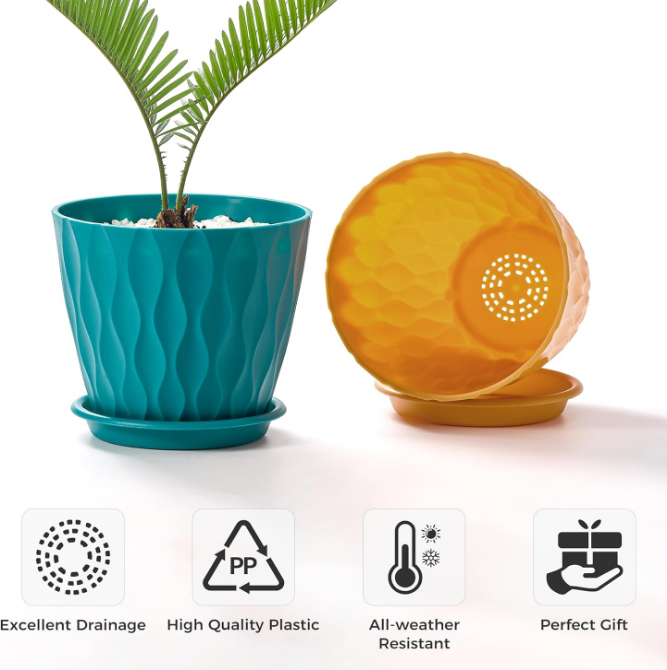 6-Pack 6-Inch Plastic Plant Pots with Saucers | Thickened PP Material, Modern Wave Texture, Enhanced Drainage for Indoor/Outdoor Garden Plants | Multicolor Value Set