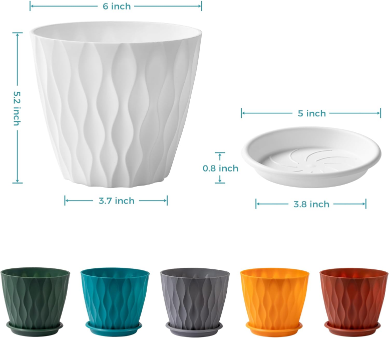 6-Pack 6-Inch Plastic Plant Pots with Saucers | Thickened PP Material, Modern Wave Texture, Enhanced Drainage for Indoor/Outdoor Garden Plants | Multicolor Value Set