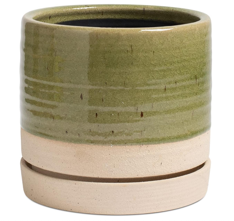 6 Inch Plant Pots, Ceramic Planter Pot with Drainage Hole & Saucer, Indoor/Outdoor Cylinder Round Planter Pot, Green & Beige