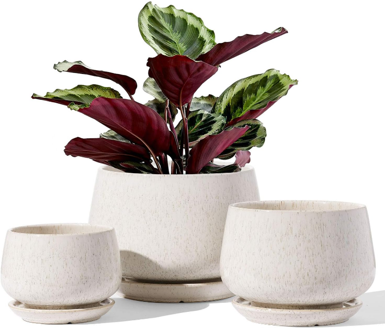 4.1+5.1+6.5 inch, Set of 3, Ceramic Planters with Drainage Hole and Saucer, Indoor Flower Pot with Hole Mesh Pad, Gifts for Mom, Reactive Glaze Beige