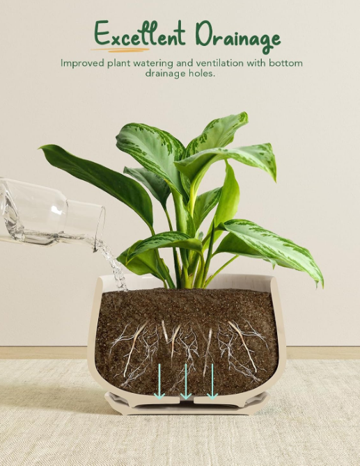 4.1+5.1+6.5 inch, Set of 3, Ceramic Planters with Drainage Hole and Saucer, Indoor Flower Pot with Hole Mesh Pad, Gifts for Mom, Reactive Glaze Beige