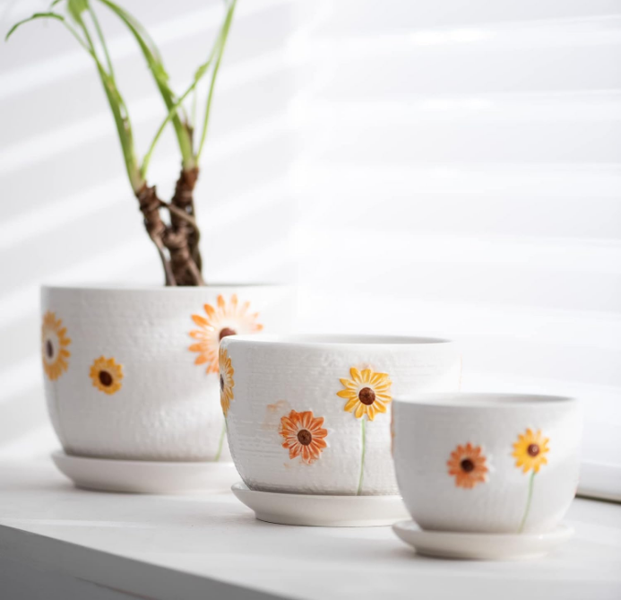 Set of 3 Ceramic Sunflower Flower Pots for Indoor Plants,4+5+6 inch Pots with Drainage Hole Saucer,Garden Pots Catus Planters