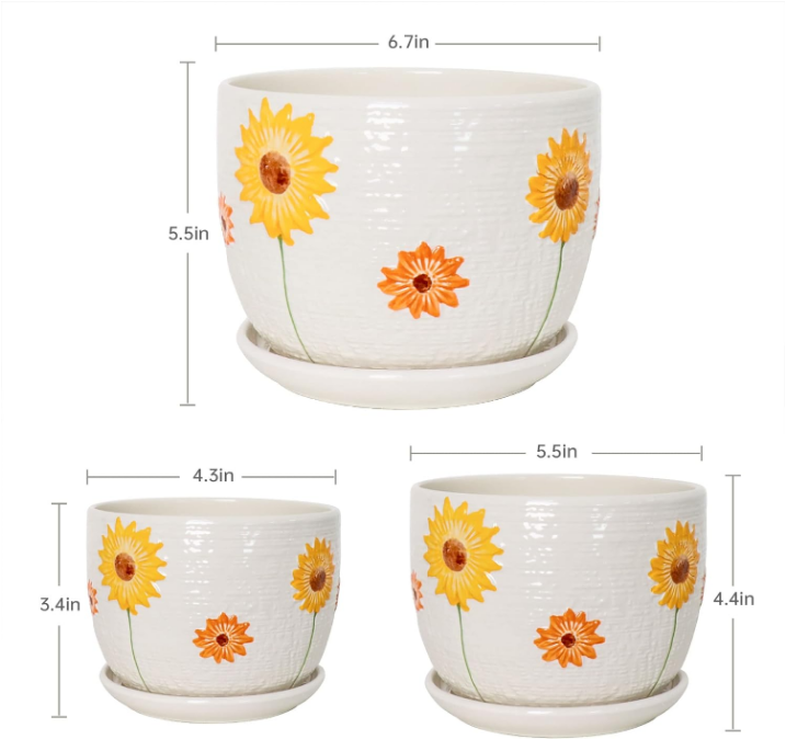 Set of 3 Ceramic Sunflower Flower Pots for Indoor Plants,4+5+6 inch Pots with Drainage Hole Saucer,Garden Pots Catus Planters
