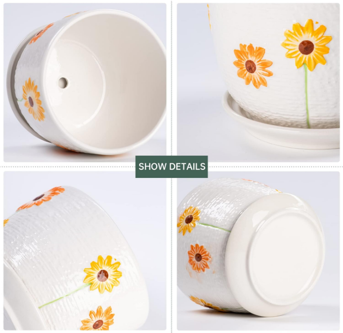 Set of 3 Ceramic Sunflower Flower Pots for Indoor Plants,4+5+6 inch Pots with Drainage Hole Saucer,Garden Pots Catus Planters