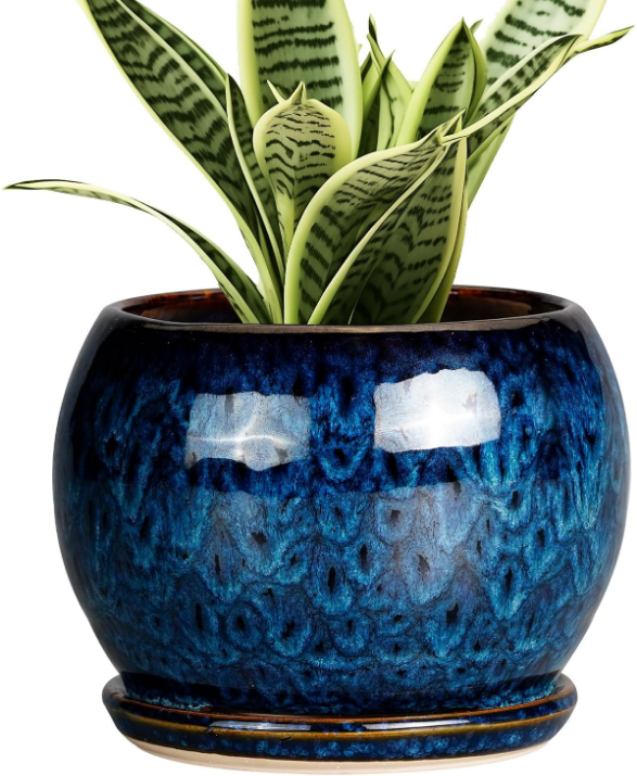 6 Inch Plant Pot - Ceramic Planter Pot with Drainage Hole and Saucer, Succulent Pot Round Flower Pot for Indoor Plants Outdoor, Blue