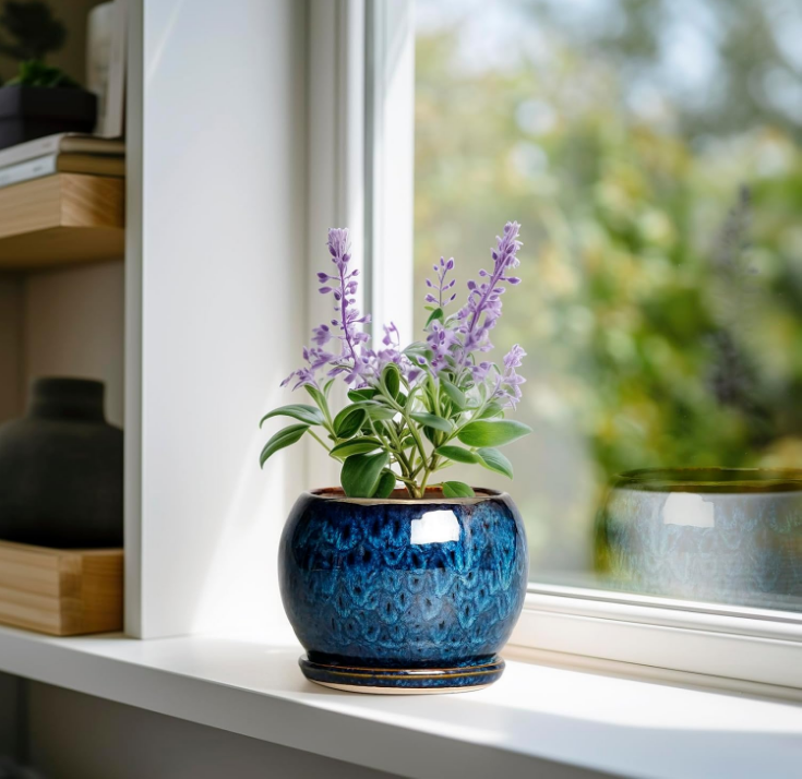 6 Inch Plant Pot - Ceramic Planter Pot with Drainage Hole and Saucer, Succulent Pot Round Flower Pot for Indoor Plants Outdoor, Blue