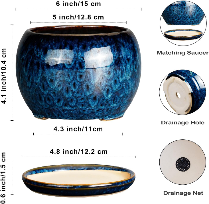 6 Inch Plant Pot - Ceramic Planter Pot with Drainage Hole and Saucer, Succulent Pot Round Flower Pot for Indoor Plants Outdoor, Blue