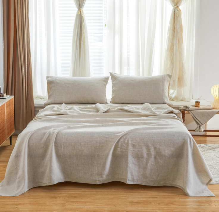 100% French Linen Sheet Set Breathable Durable for Hot Sleepers Bedding 3Pcs Set-1 Flat Sheet,1 Fitted Sheet,1 Pillowcase with Hemstitch Lace Embroidery Design (Linen, Twin)