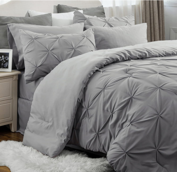 Queen Comforter Set - Bed in a Bag Queen 7 Pieces, Pintuck Bedding Sets Gift for Christmas Grey Bed Set with Comforter, Sheets, Pillowcases & Shams