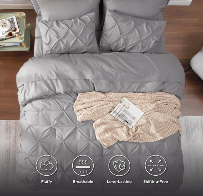 Queen Comforter Set - Bed in a Bag Queen 7 Pieces, Pintuck Bedding Sets Gift for Christmas Grey Bed Set with Comforter, Sheets, Pillowcases & Shams
