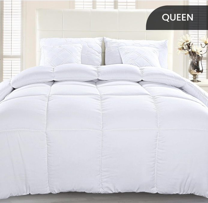 Comforter Duvet Insert, Quilted Comforter with Corner Tabs, Box Stitched Down Alternative Comforter Queen (White)