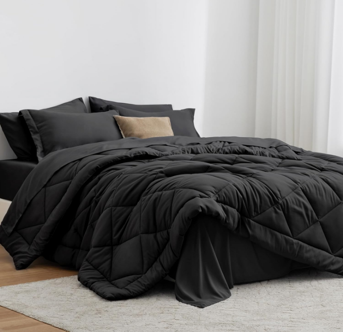 Full Comforter Set Black, 7 Pieces Full Bed in a Bag, All Season Full Bedding Sets with 1 Comforter, 1 Flat Sheet, 1 Fitted Sheet, 2 Pillowcase and 2 Pillow Sham
