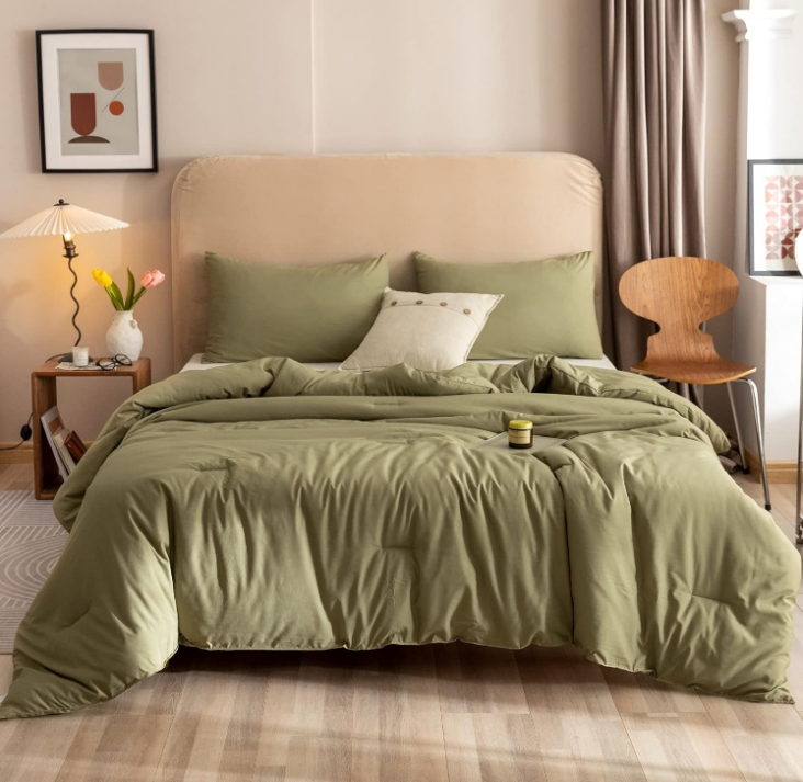 Queen Comforter Set Olive Green, 3pcs Bedding Sets Queen (1 Boho Olive Comforter & 2 Pillowcases), All Season Lightweight Blanket Quilt