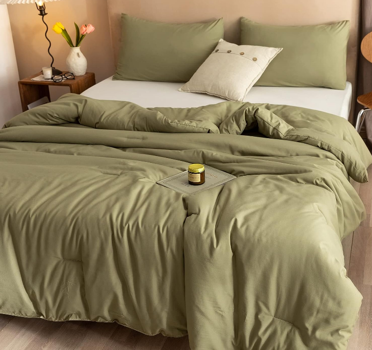 Queen Comforter Set Olive Green, 3pcs Bedding Sets Queen (1 Boho Olive Comforter & 2 Pillowcases), All Season Lightweight Blanket Quilt