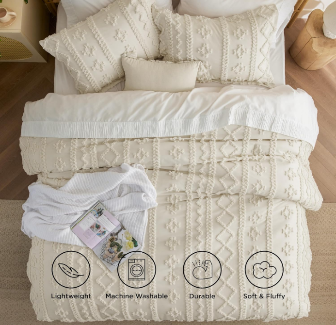Tufted Boho Comforter Set Full Size - Beige Boho Bedding Comforter Set, 3 Pieces Farmhouse Shabby Chic Embroidery Bed Set, Gifts for Woman, Soft Jacquard Comforter for All Seasons