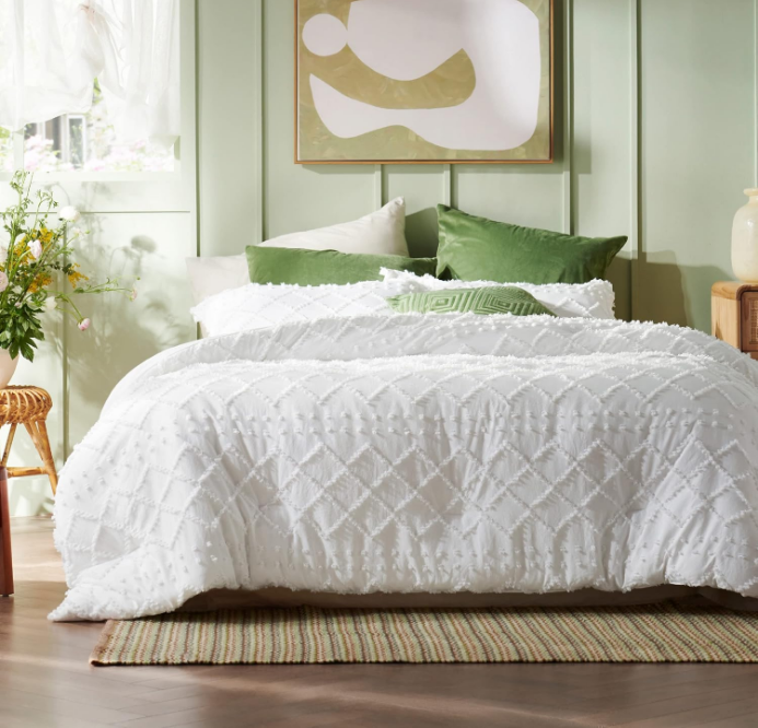 Boho Duvet Cover Queen - Boho Bedding, Tufted Queen Duvet Cover for All Seasons, 3 Pieces Embroidery Shabby Chic Home Bedding Duvet Cover (White, Queen, 90x90)