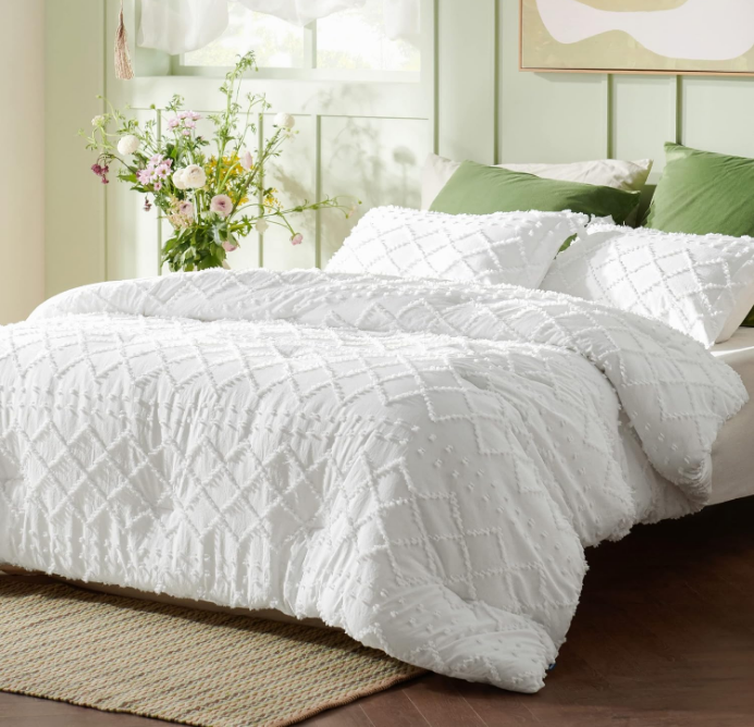 Boho Duvet Cover Queen - Boho Bedding, Tufted Queen Duvet Cover for All Seasons, 3 Pieces Embroidery Shabby Chic Home Bedding Duvet Cover (White, Queen, 90x90)