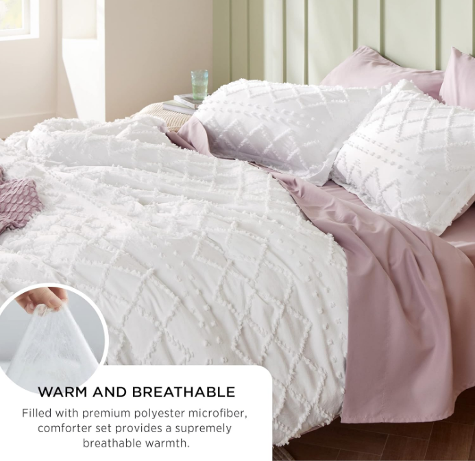 Boho Duvet Cover Queen - Boho Bedding, Tufted Queen Duvet Cover for All Seasons, 3 Pieces Embroidery Shabby Chic Home Bedding Duvet Cover (White, Queen, 90x90)
