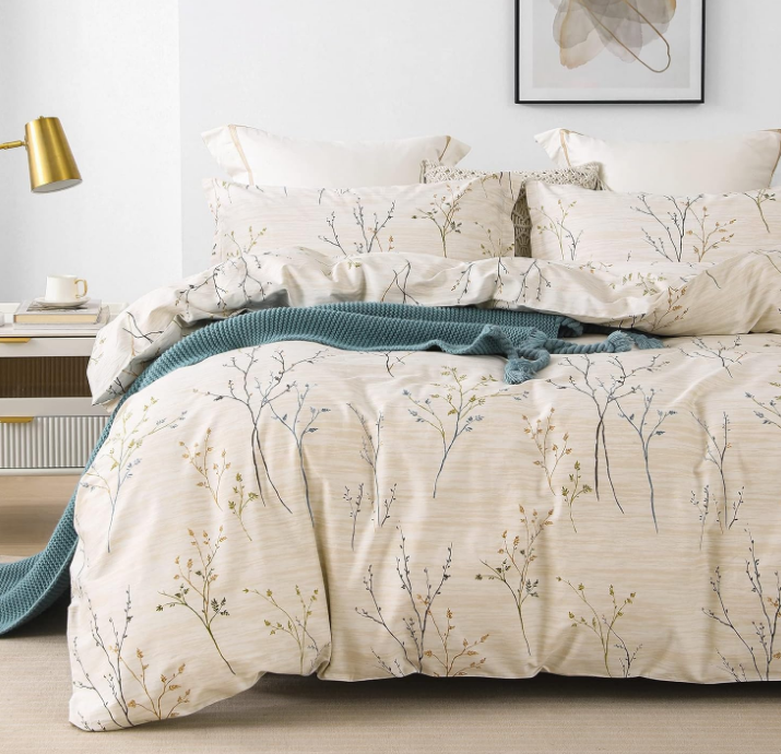 Cotton Duvet Cover Set - 100% Egyptian Cotton Cream Branch Print Bedding Set Queen Size - 1200 Thread Count Breathable and Textured Duvet Cover Set for All Seasons(Queen, 90x90'')