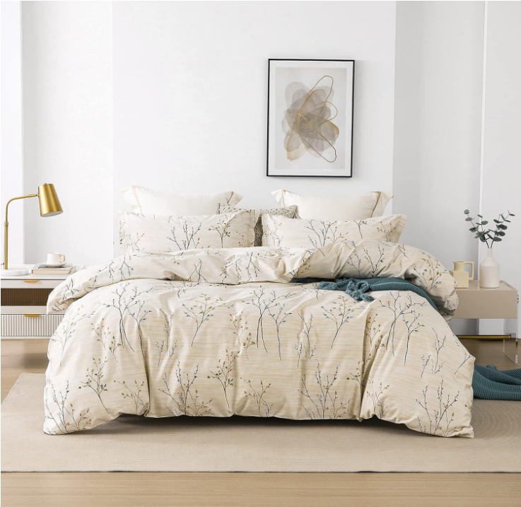 Cotton Duvet Cover Set - 100% Egyptian Cotton Cream Branch Print Bedding Set Queen Size - 1200 Thread Count Breathable and Textured Duvet Cover Set for All Seasons(Queen, 90x90'')