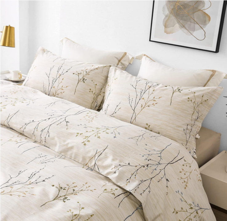 Cotton Duvet Cover Set - 100% Egyptian Cotton Cream Branch Print Bedding Set Queen Size - 1200 Thread Count Breathable and Textured Duvet Cover Set for All Seasons(Queen, 90x90'')