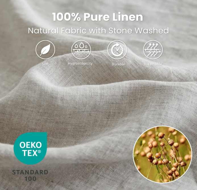 100% Linen Sheet Set 4 Pieces Natural France Flax Bed Sheet (1 Flat Sheet, 1 Fitted Sheet, 2 Pillowcases) Breathable Luxury Hotel Bedding - Embroidery Linen, Queen Size