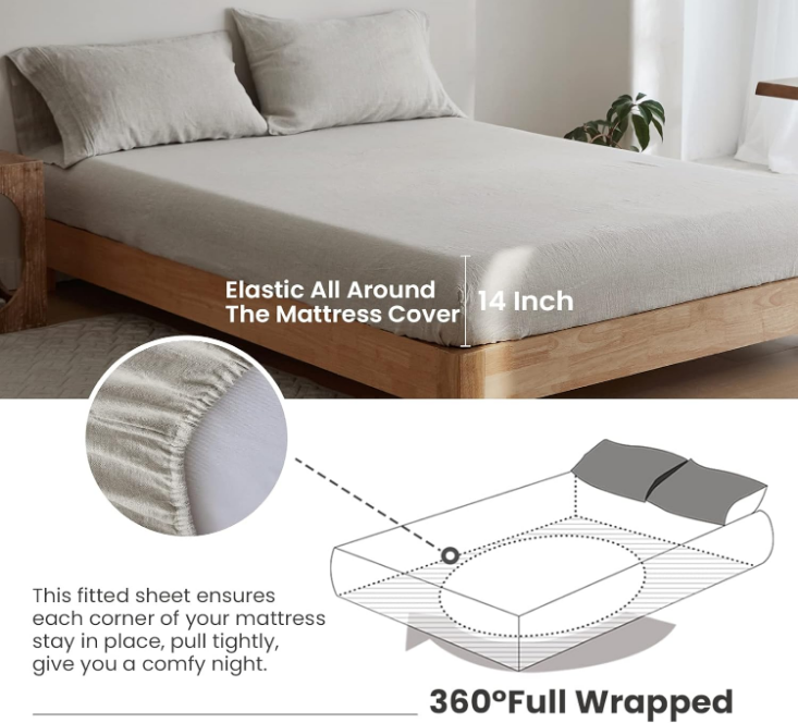 100% Linen Sheet Set 4 Pieces Natural France Flax Bed Sheet (1 Flat Sheet, 1 Fitted Sheet, 2 Pillowcases) Breathable Luxury Hotel Bedding - Embroidery Linen, Queen Size