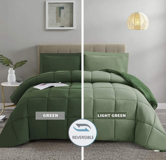 3pc Green Queen Size Comforter Set - All Season Reversible Down Alternative Comforter with Two Shams - Quilted Duvet Insert with Corner Tabs - Box Stitched Blanket - Breathable, Soft, Fluffy