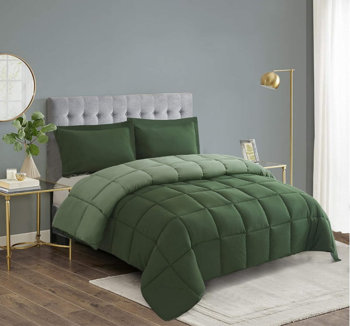 3pc Green Queen Size Comforter Set - All Season Reversible Down Alternative Comforter with Two Shams - Quilted Duvet Insert with Corner Tabs - Box Stitched Blanket - Breathable, Soft, Fluffy