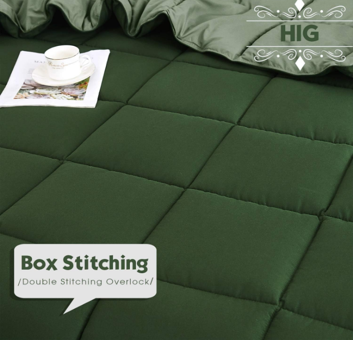3pc Green Queen Size Comforter Set - All Season Reversible Down Alternative Comforter with Two Shams - Quilted Duvet Insert with Corner Tabs - Box Stitched Blanket - Breathable, Soft, Fluffy