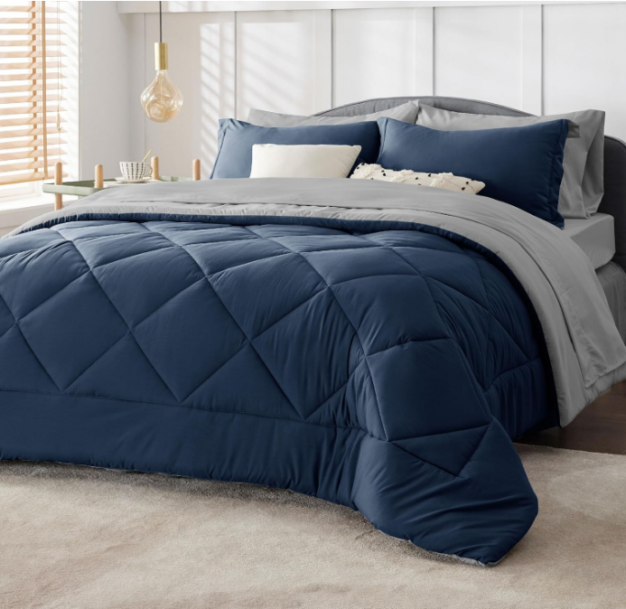 Navy Bedding Set Queen - 7 Pieces Reversible Bed Sets in a Bag with Comforters, Sheets, Pillowcases & Shams, Comforter