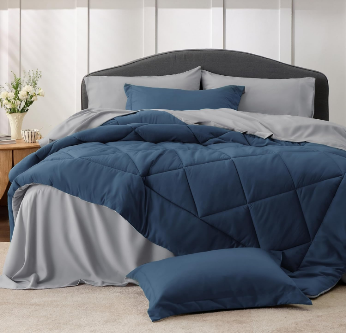 Navy Bedding Set Queen - 7 Pieces Reversible Bed Sets in a Bag with Comforters, Sheets, Pillowcases & Shams, Comforter