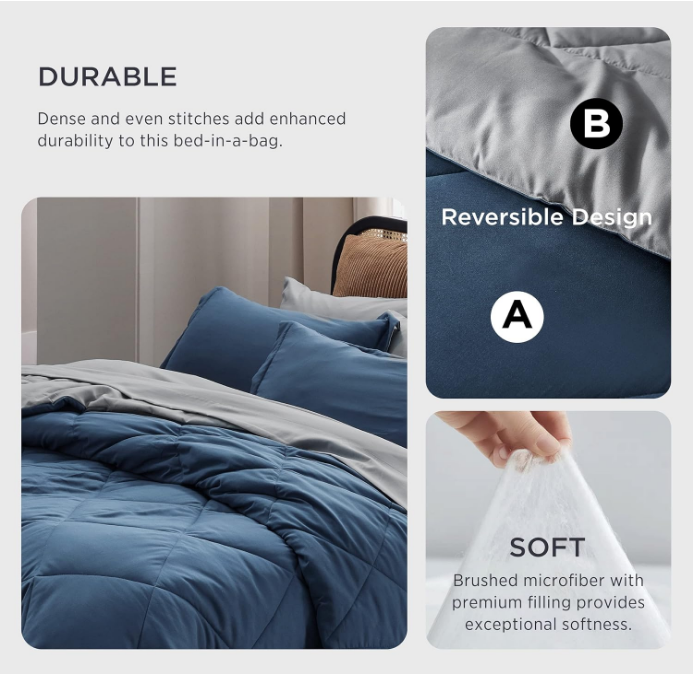Navy Bedding Set Queen - 7 Pieces Reversible Bed Sets in a Bag with Comforters, Sheets, Pillowcases & Shams, Comforter