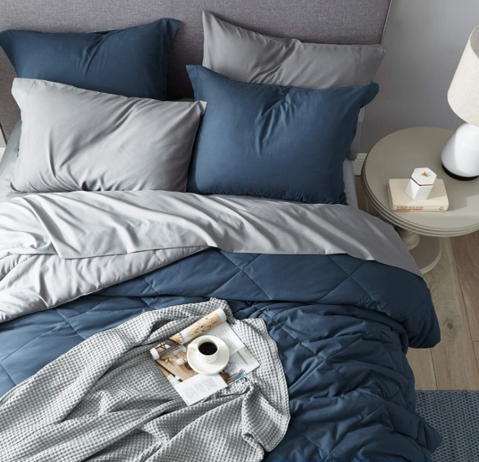 Navy Bedding Set Queen - 7 Pieces Reversible Bed Sets in a Bag with Comforters, Sheets, Pillowcases & Shams, Comforter
