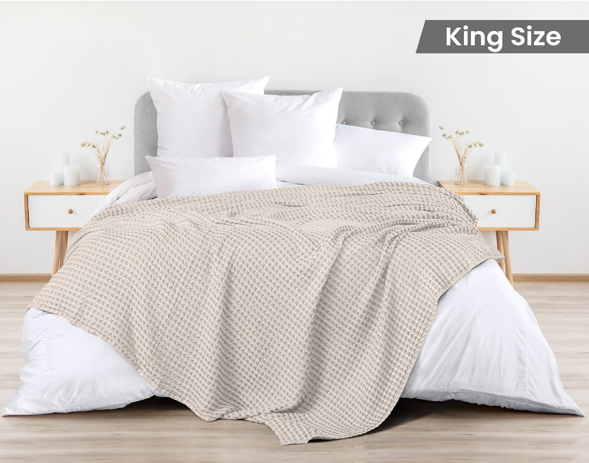 Cotton Waffle Blanket 300 GSM (Khaki - 90x108 Inches) Soft Lightweight Breathable Bed Blanket King Size Layering Any Bed for All Season