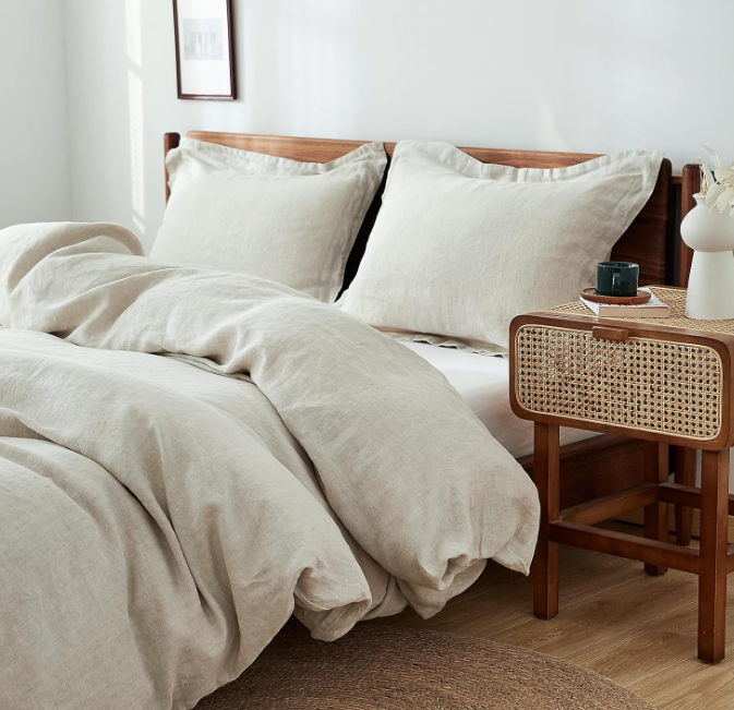 100% Linen Duvet Cover Set 3pcs Basic Style Natural French Washed Flax Solid Color Soft Breathable Farmhouse Bedding with Button Closure - Linen, King