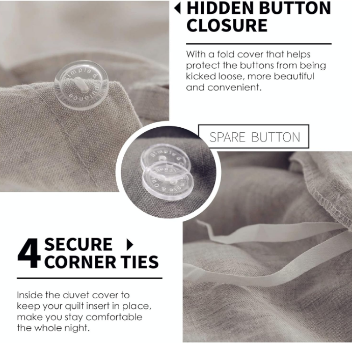 100% Linen Duvet Cover Set 3pcs Basic Style Natural French Washed Flax Solid Color Soft Breathable Farmhouse Bedding with Button Closure - Linen, King