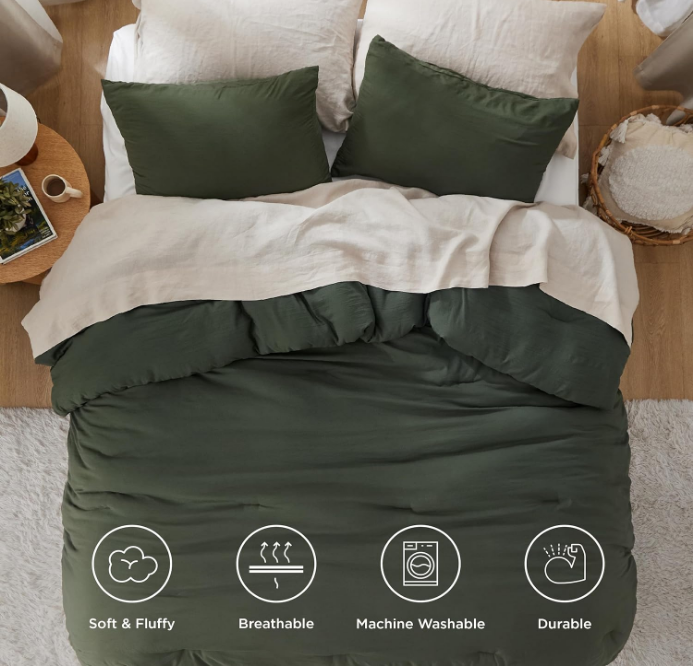 King Size Comforter Set, Dark Green Soft Prewashed Bed Comforter for All Seasons, 3 Pieces Warm Bedding Sets, 1 Lightweight Comforter (104"x90") and 2 Pillowcases (20"x36")