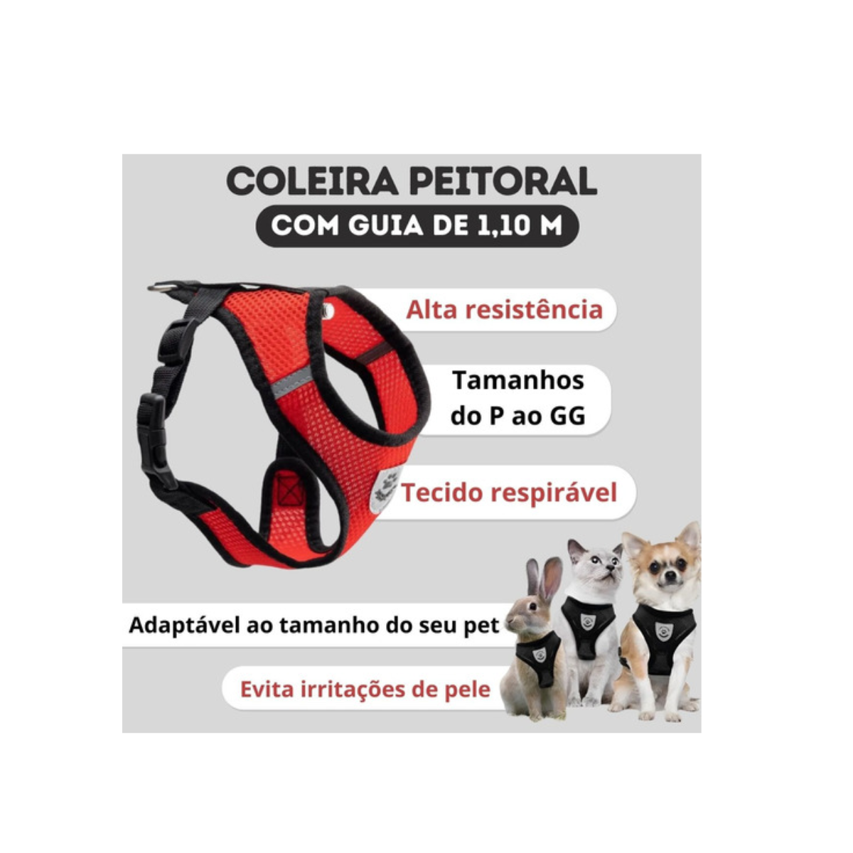 Coleira Peitoral Refletivo Com Guia Cachorro Cães Gato Pet